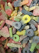 Load image into Gallery viewer, A close-up pile of sugar-dusted gummy candies in assorted colors, including red, green, yellow, blue, and orange.
